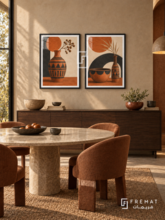 Terracotta Rhythm — set of two culture artworks in Black frames.
