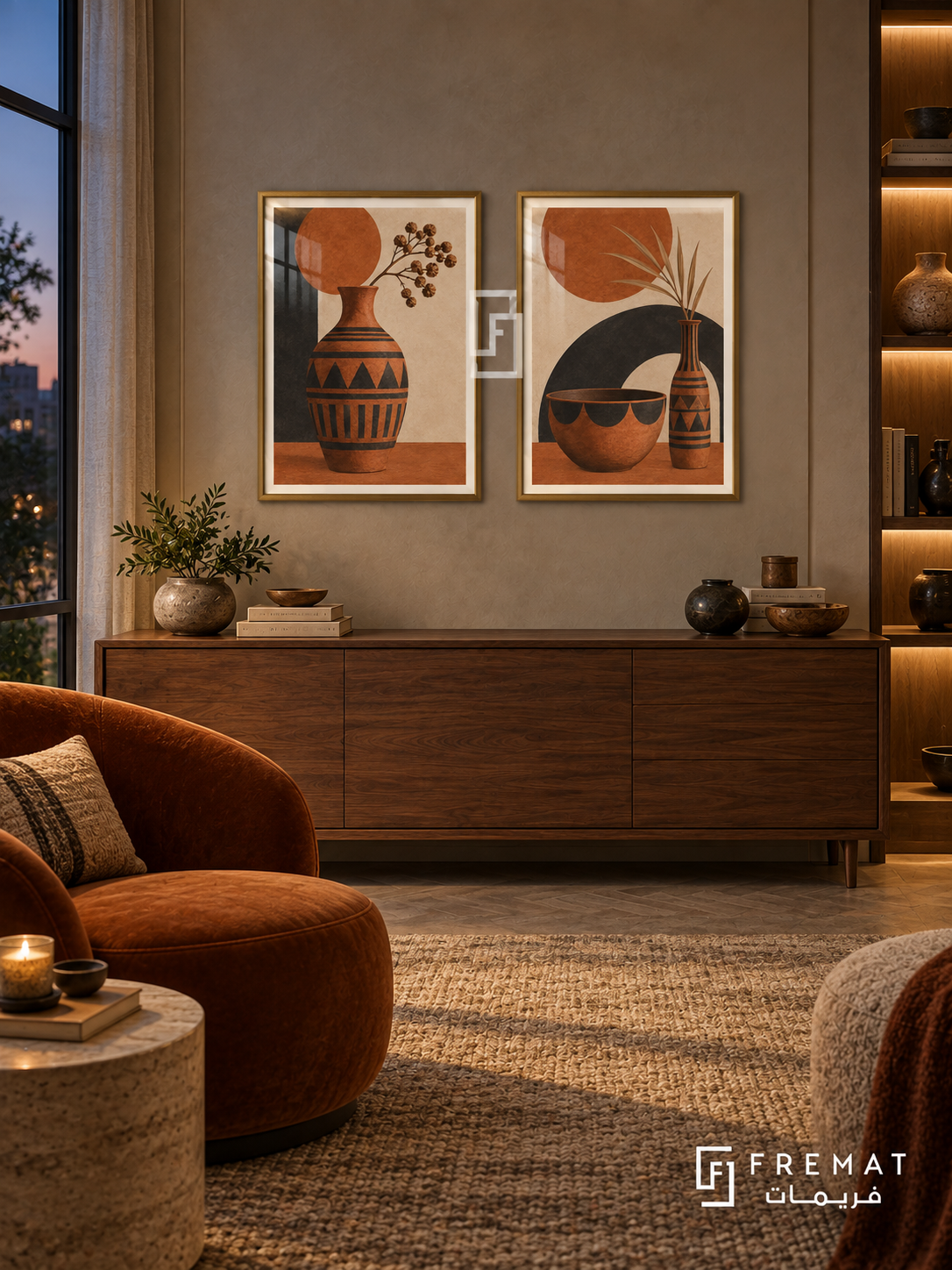 Terracotta Rhythm — set of two culture artworks in Gold frames.