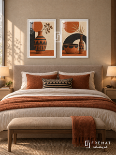 Terracotta Rhythm — set of two culture artworks in White frames.