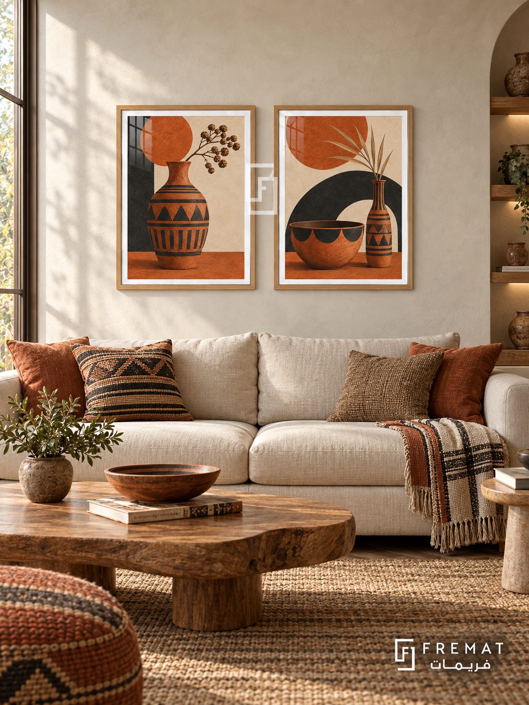 Terracotta Rhythm — set of two culture artworks in Wooden Texture frames.