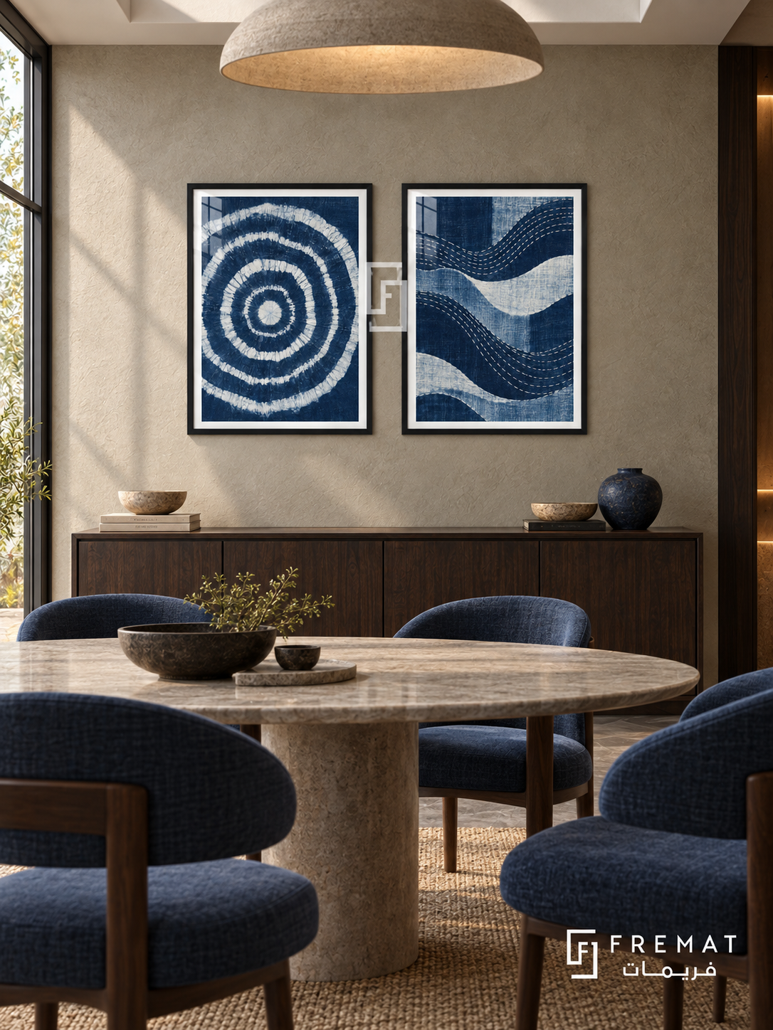 Indigo Threads — set of two culture artworks in Black frames.