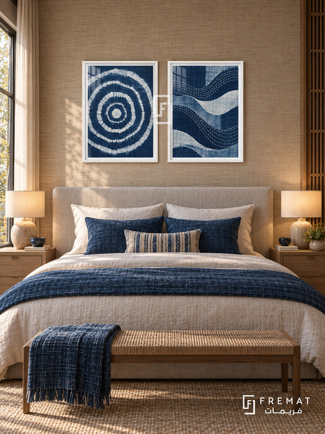 Indigo Threads — set of two culture artworks in White frames.