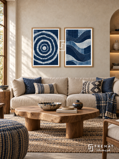 Indigo Threads — set of two culture artworks in Wooden Texture frames.