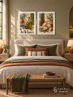 Mediterranean Table — set of two culture artworks in White frames.
