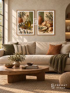 Mediterranean Table — set of two culture artworks in Wooden Texture frames.