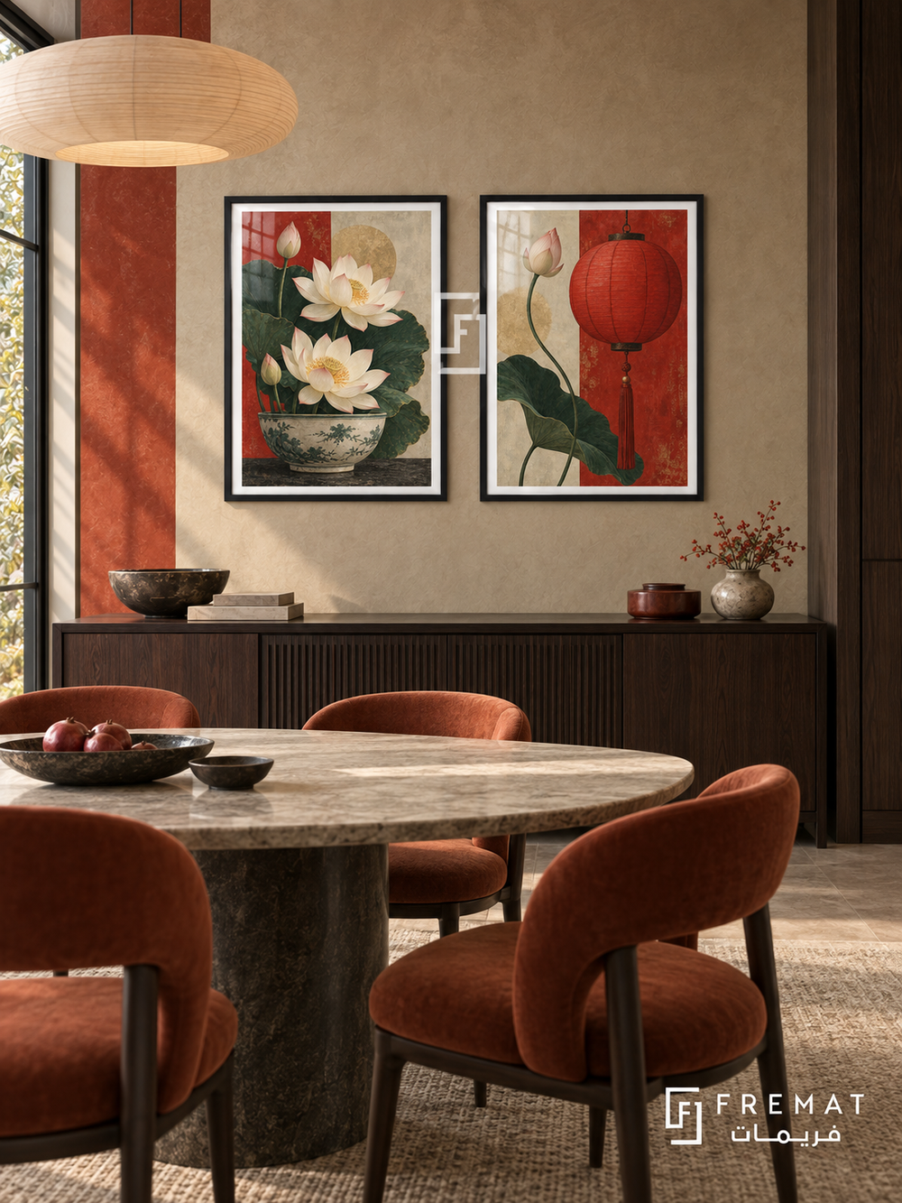 Lotus And Lantern — set of two culture artworks in Black frames.