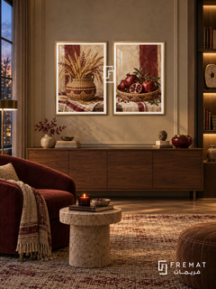 Basket And Harvest — set of two culture artworks in Gold frames.