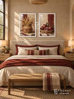 Basket And Harvest — set of two culture artworks in White frames.