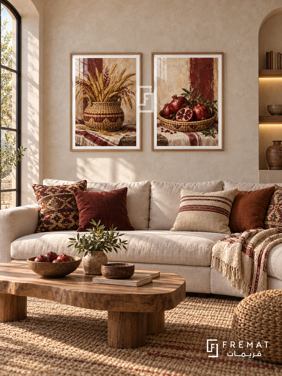 Basket And Harvest — set of two culture artworks in Wooden Texture frames.