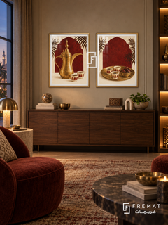 Coffee Welcome — set of two culture artworks in Gold frames.