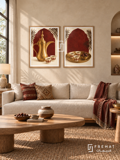 Coffee Welcome — set of two culture artworks in Wooden Texture frames.
