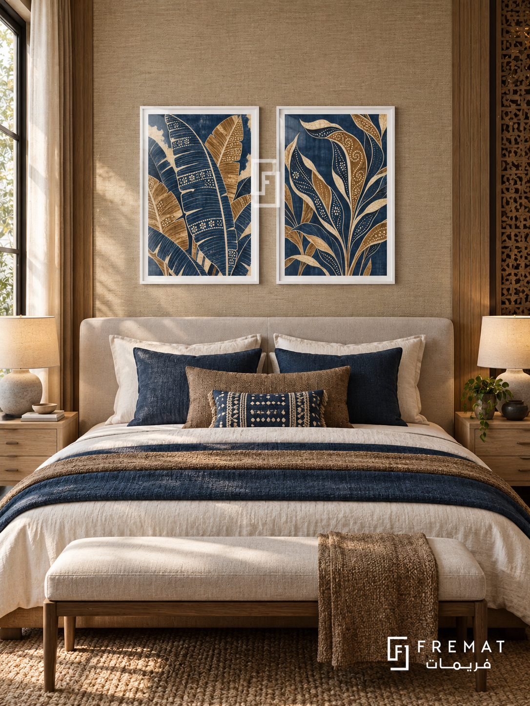 Batik Leaves — set of two culture artworks in White frames.
