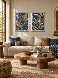 Batik Leaves — set of two culture artworks in Wooden Texture frames.