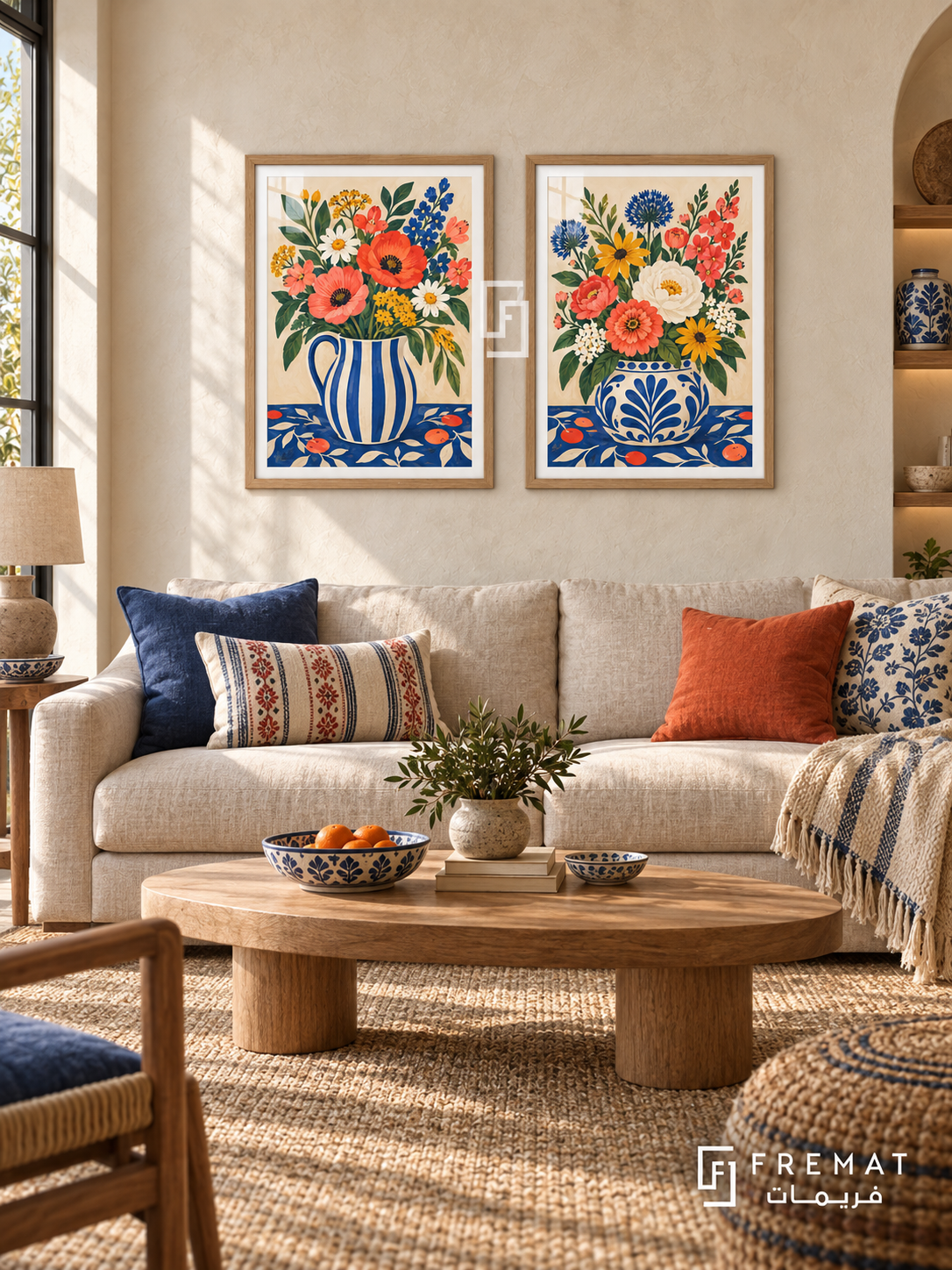 Market Flowers — set of two culture artworks in Wooden Texture frames.