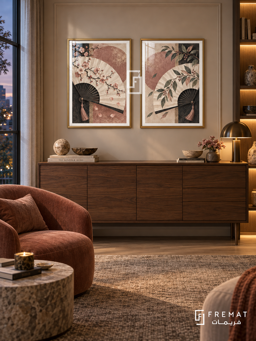 Silk Fan — set of two culture artworks in Gold frames.