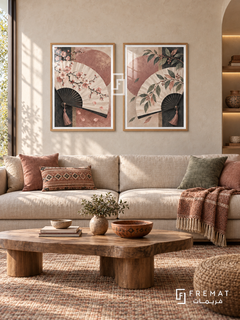 Silk Fan — set of two culture artworks in Wooden Texture frames.