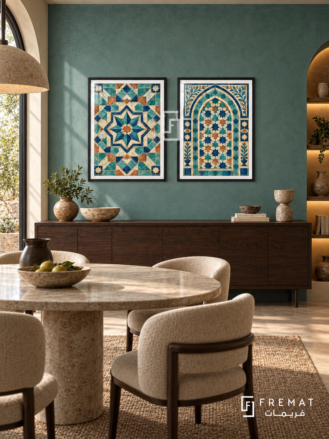 Mosaic Courtyard — set of two culture artworks in Black frames.