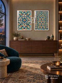 Mosaic Courtyard — set of two culture artworks in Gold frames.