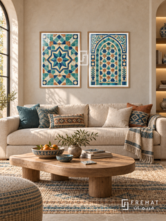Mosaic Courtyard — set of two culture artworks in Wooden Texture frames.