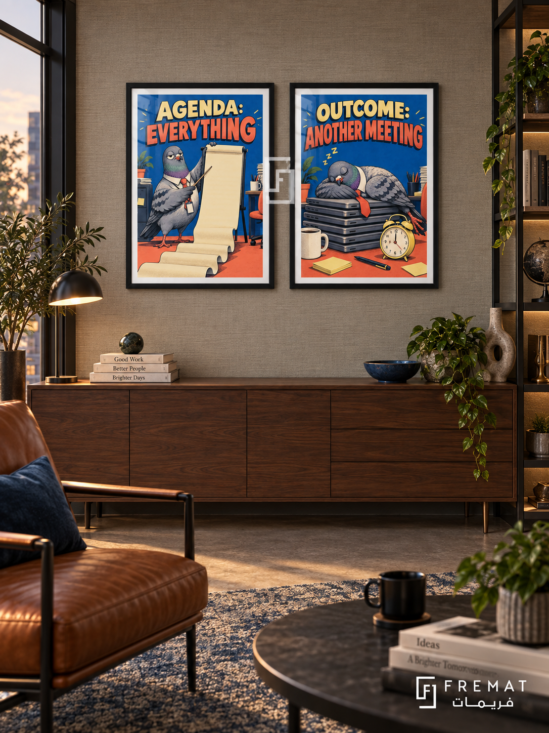 Meeting — set of two funny artworks in Black frames.
