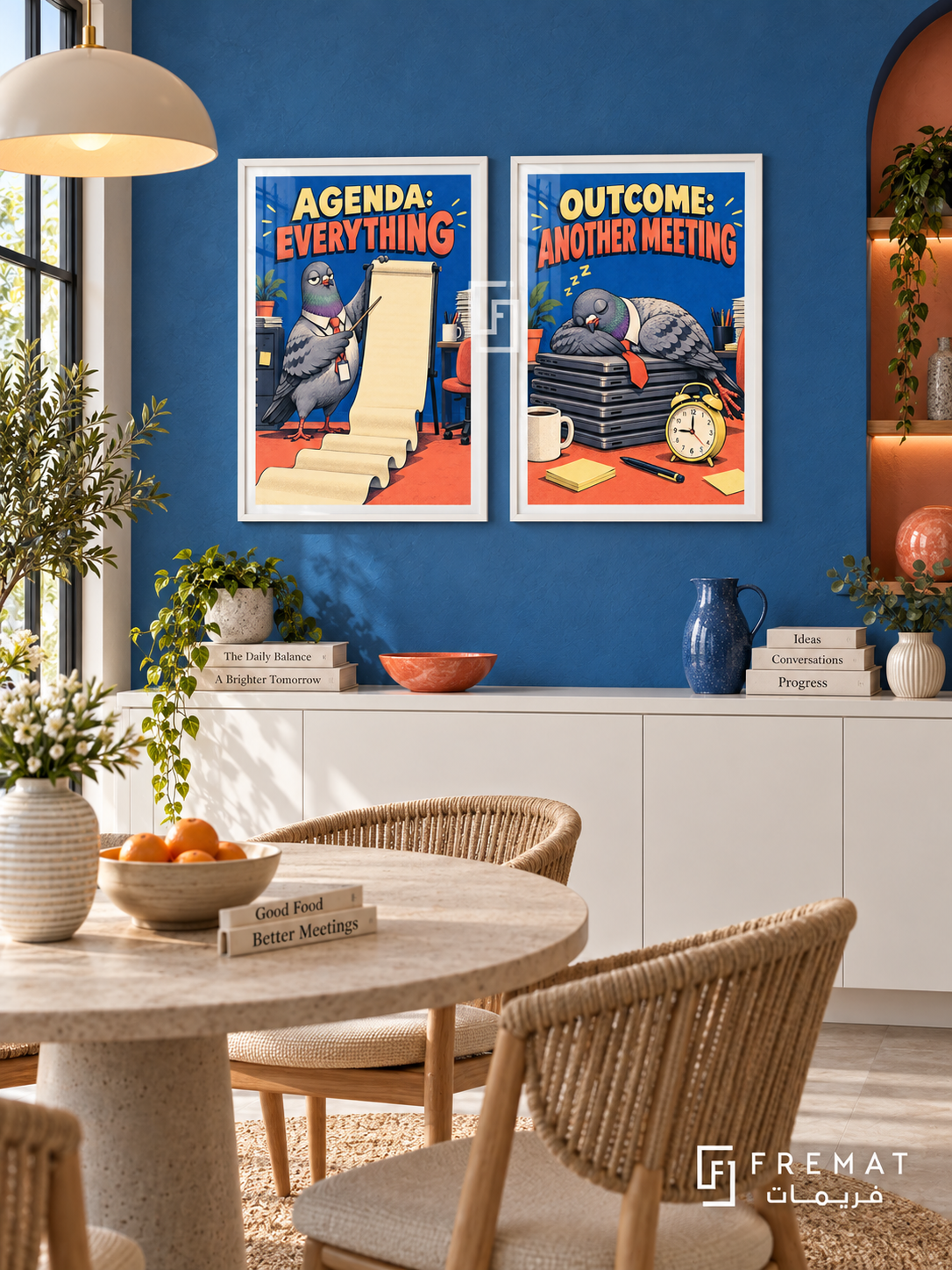 Meeting — set of two funny artworks in White frames.