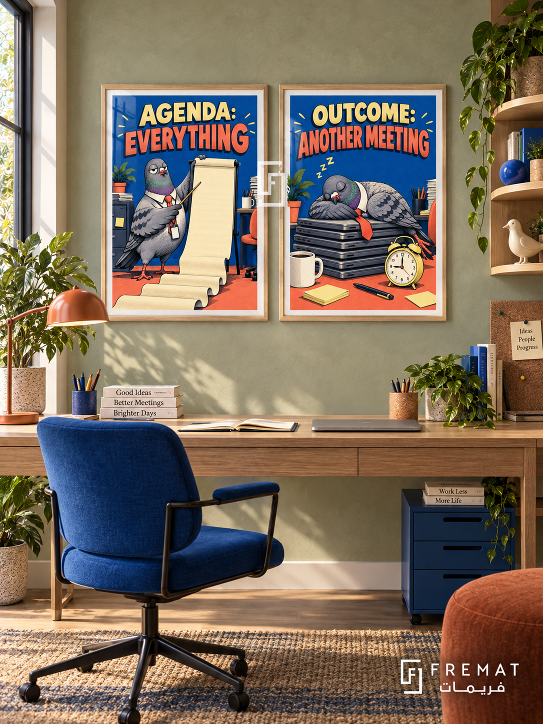 Meeting — set of two funny artworks in Wooden Texture frames.