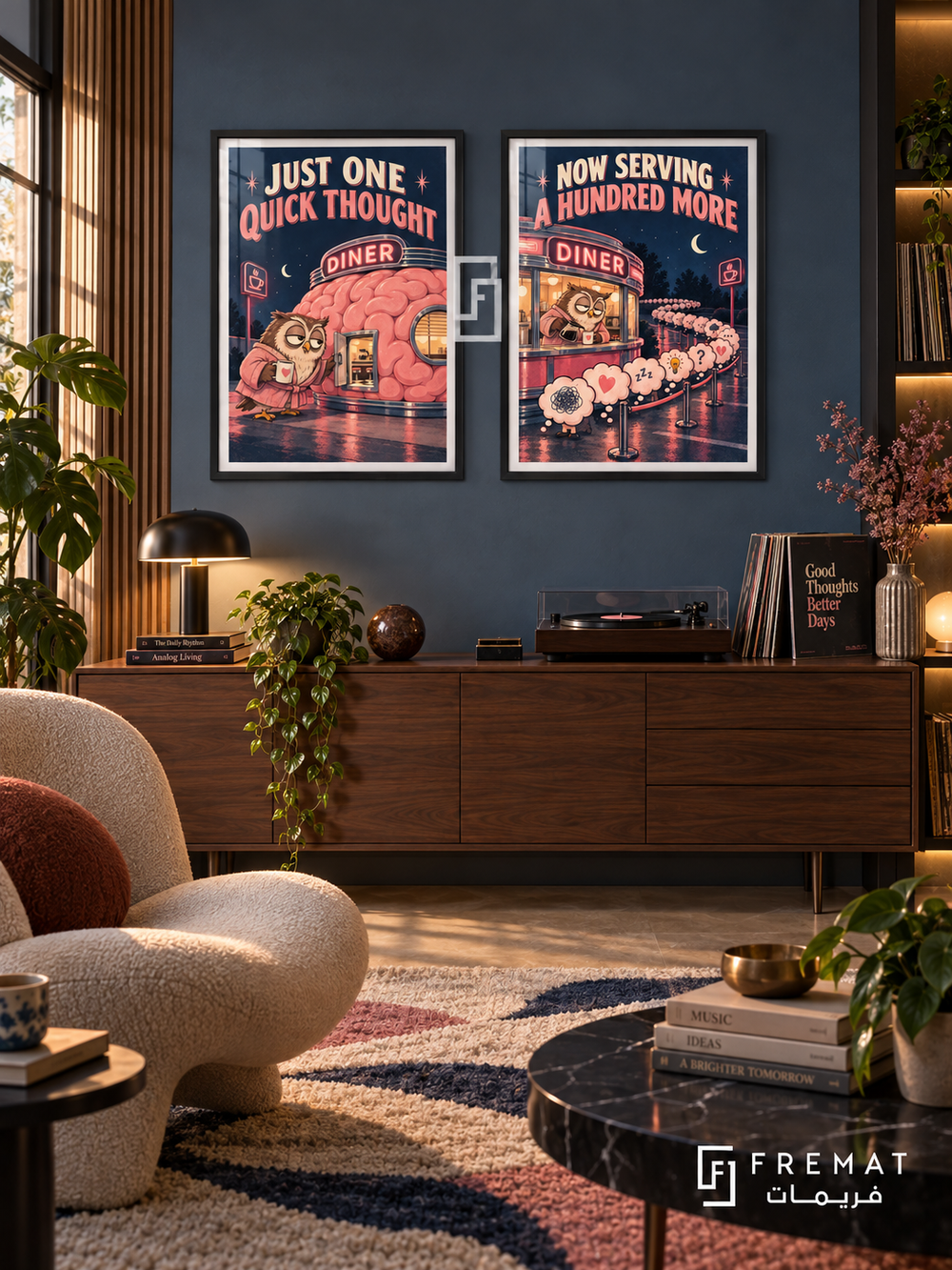 Overthinking — set of two funny artworks in Black frames.