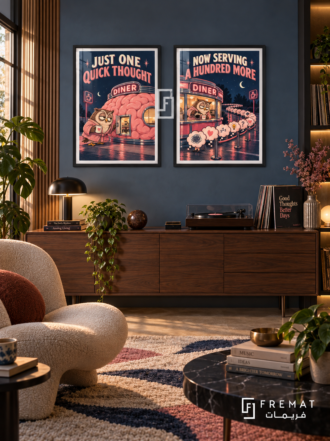 Overthinking — set of two funny artworks in Black frames.