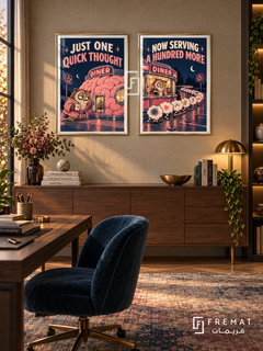 Overthinking — set of two funny artworks in Gold frames.