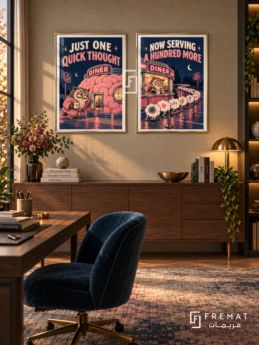 Overthinking — set of two funny artworks in Gold frames.
