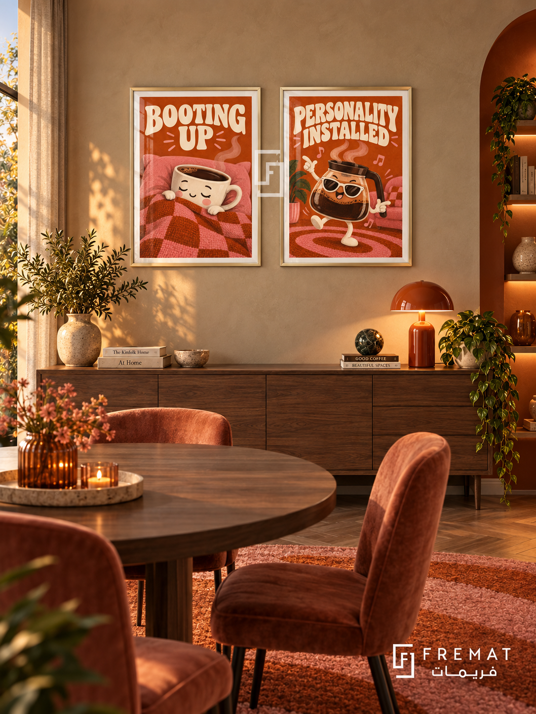 Coffee — set of two funny artworks in Gold frames.