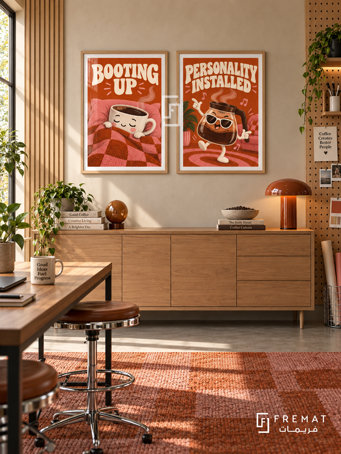 Coffee — set of two funny artworks in Wooden Texture frames.