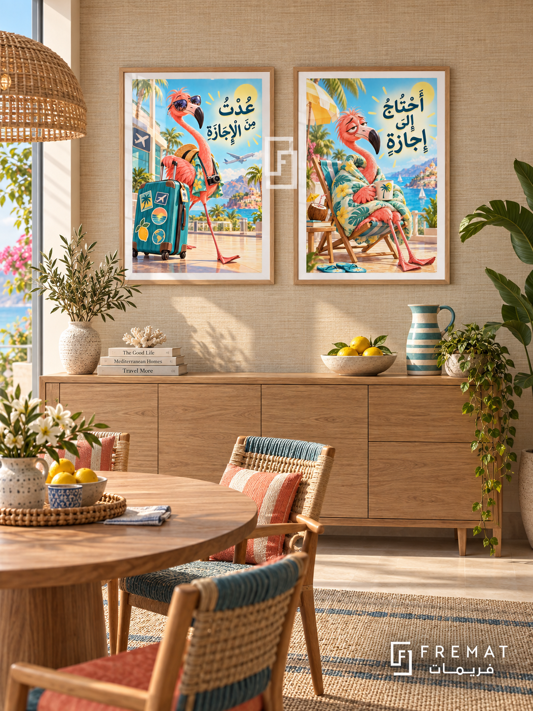 Holiday — set of two funny artworks in Wooden Texture frames.