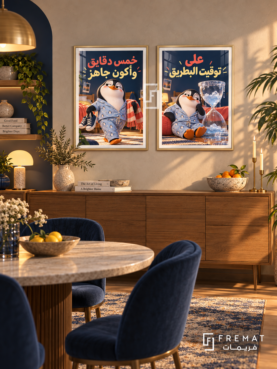 Five Minutes — set of two funny artworks in Gold frames.