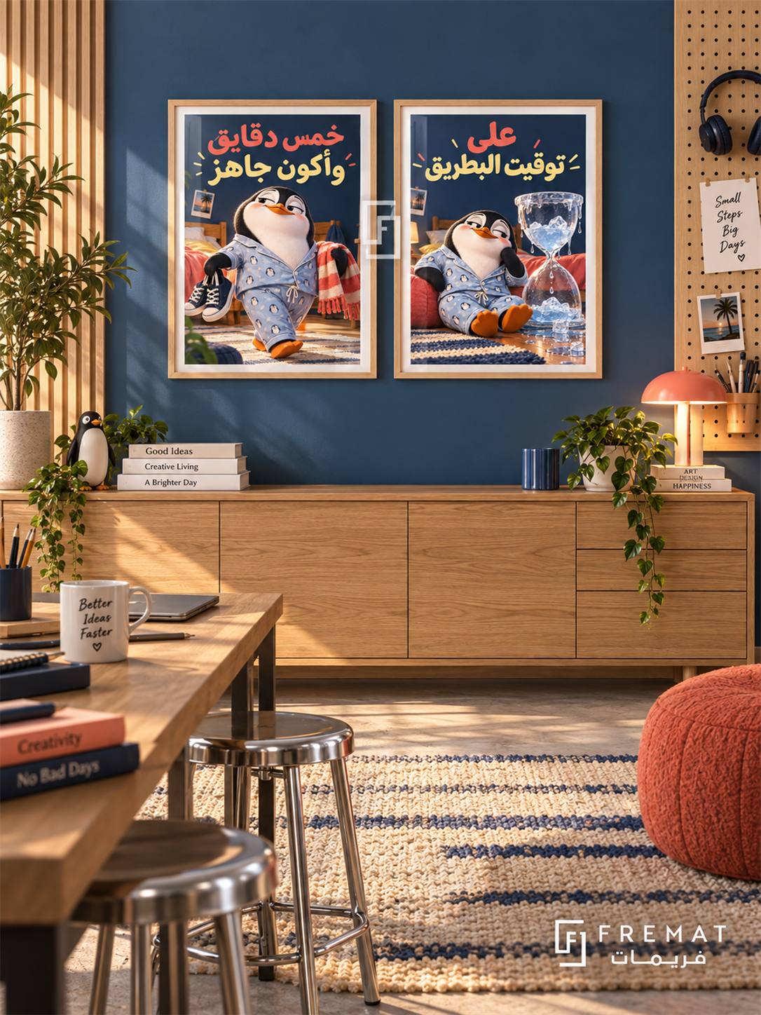 Five Minutes — set of two funny artworks in Wooden Texture frames.
