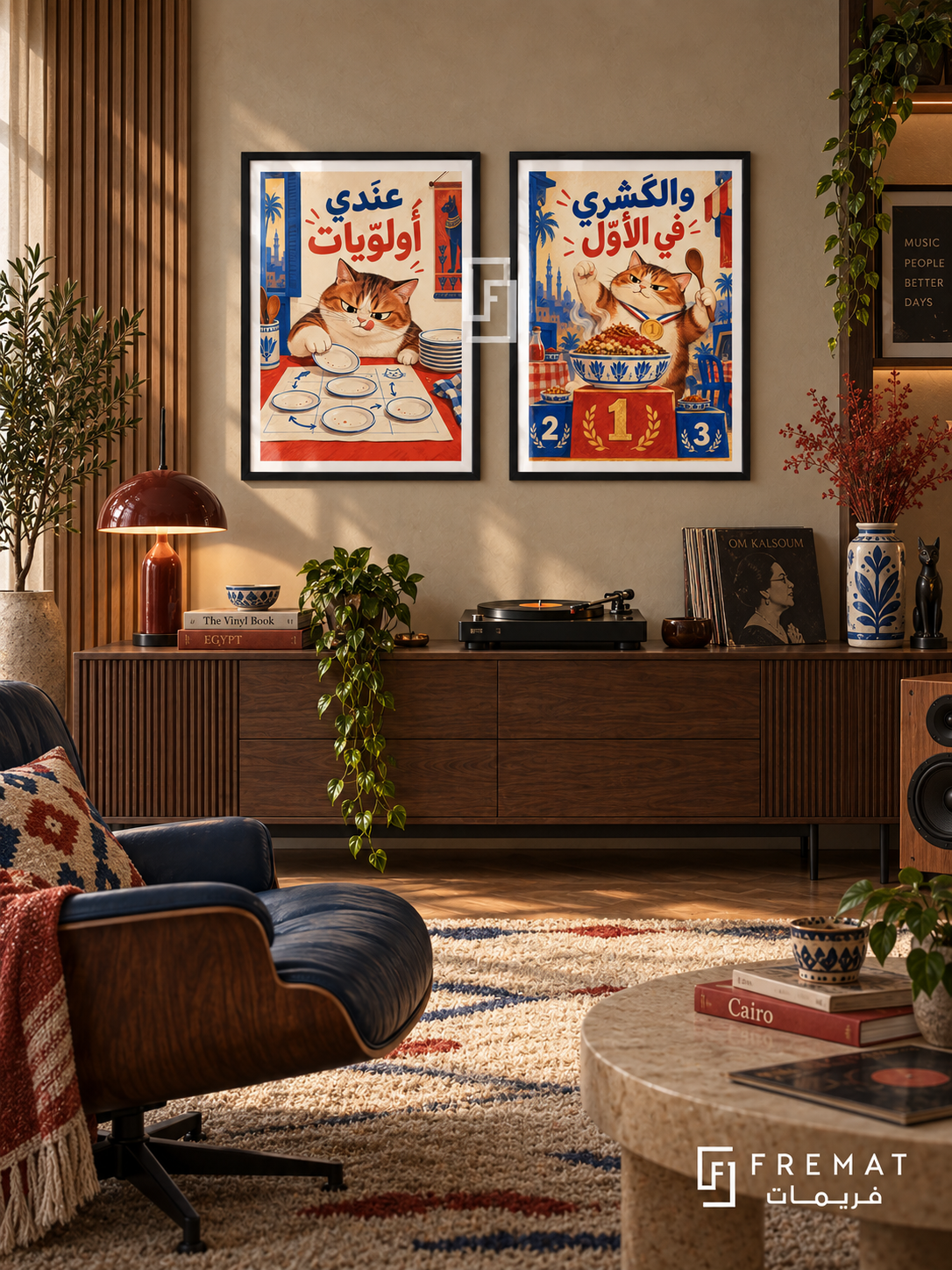 Koshary — set of two funny artworks in Black frames.