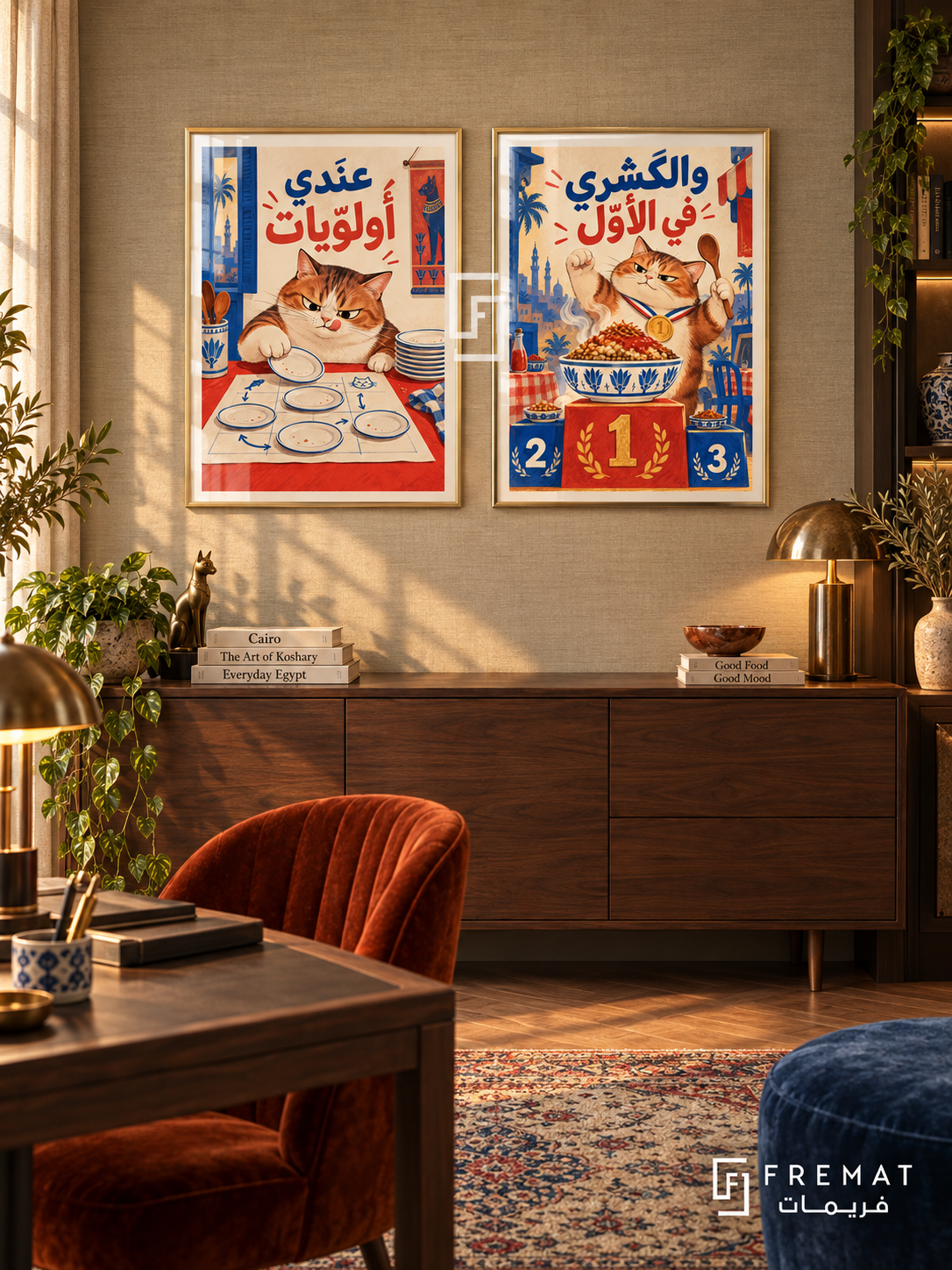 Koshary — set of two funny artworks in Gold frames.