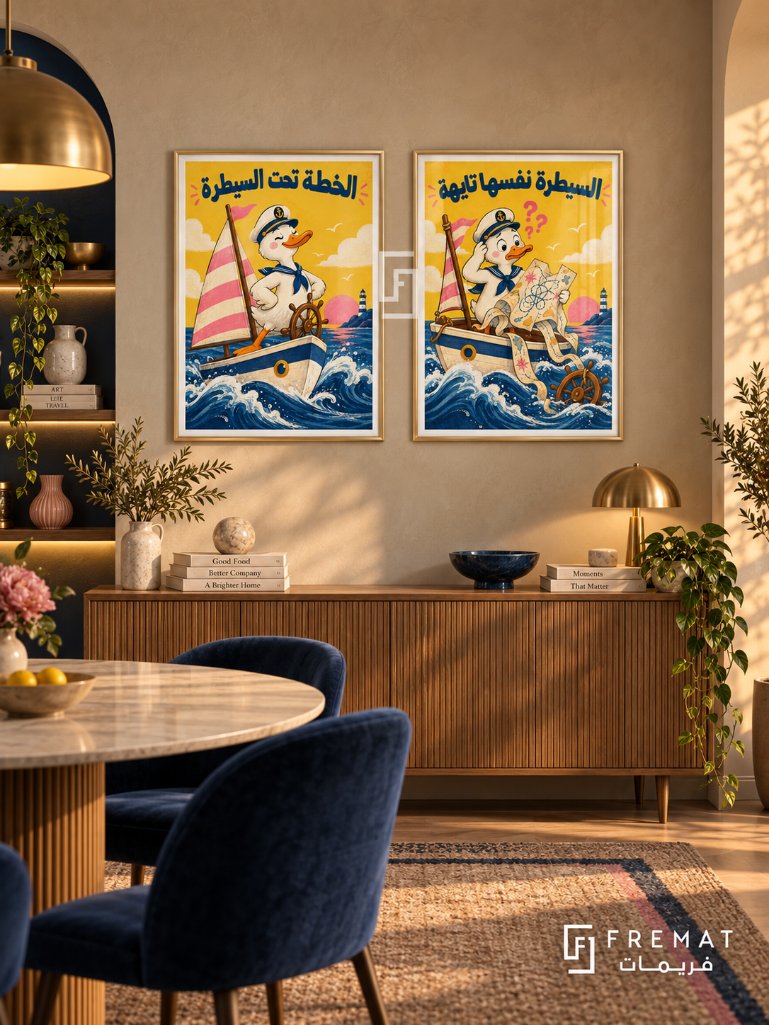 Control — set of two funny artworks in Gold frames.