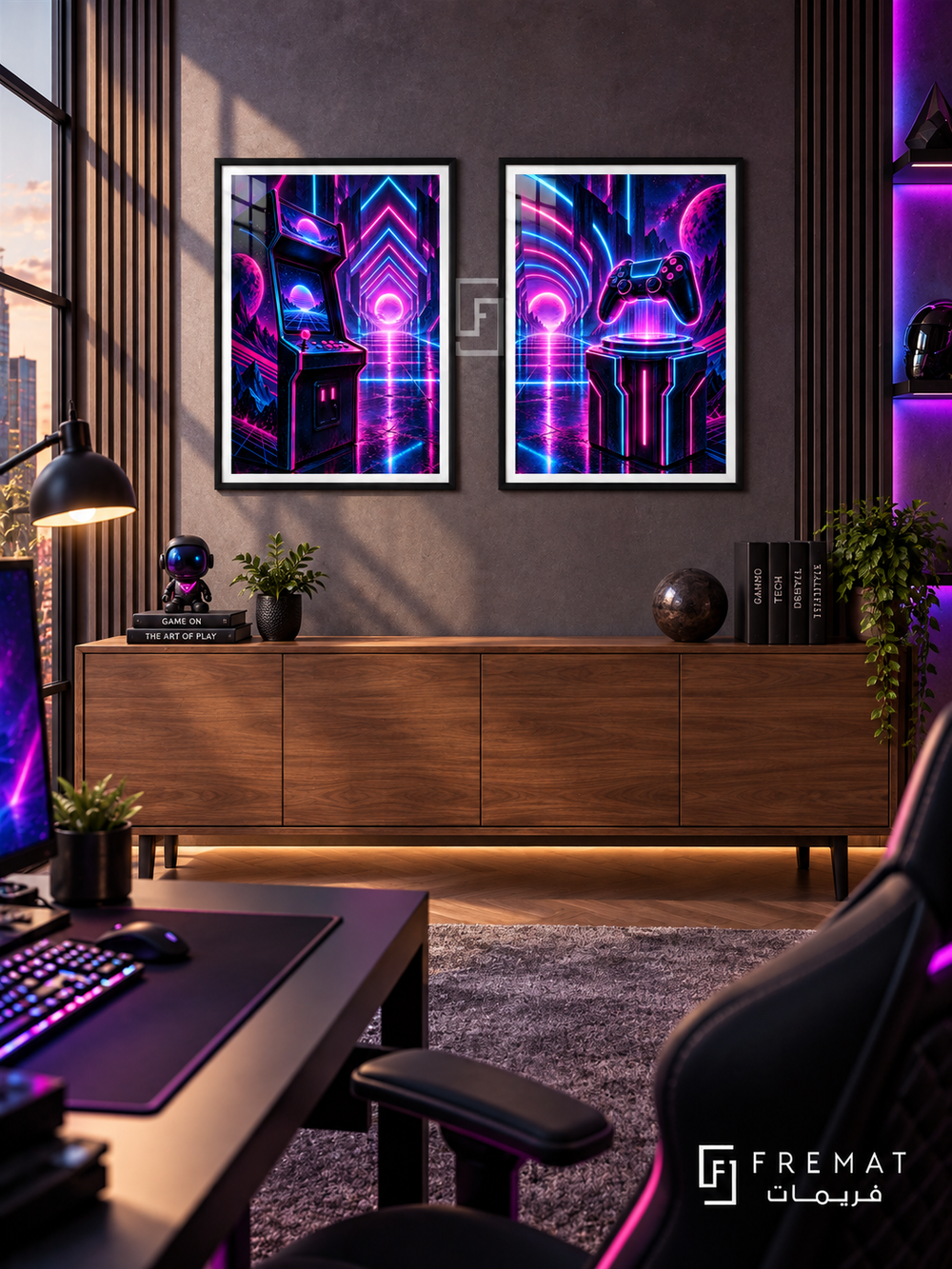 Neon Arcade — set of two gaming artworks in Black frames.