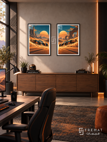 Desert Racer — set of two gaming artworks in Black frames.