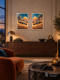 Desert Racer — set of two gaming artworks in Gold frames.
