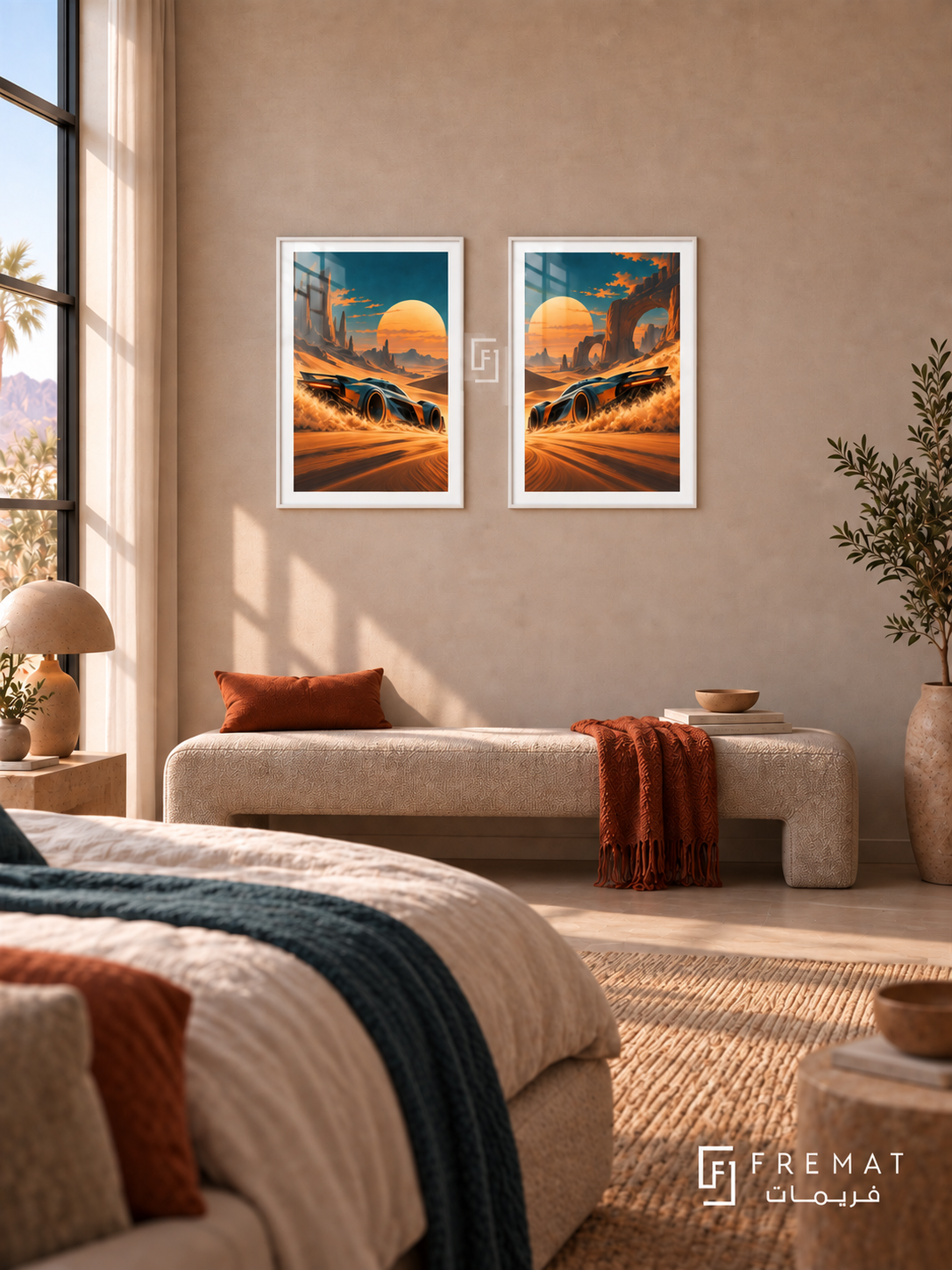 Desert Racer — set of two gaming artworks in White frames.