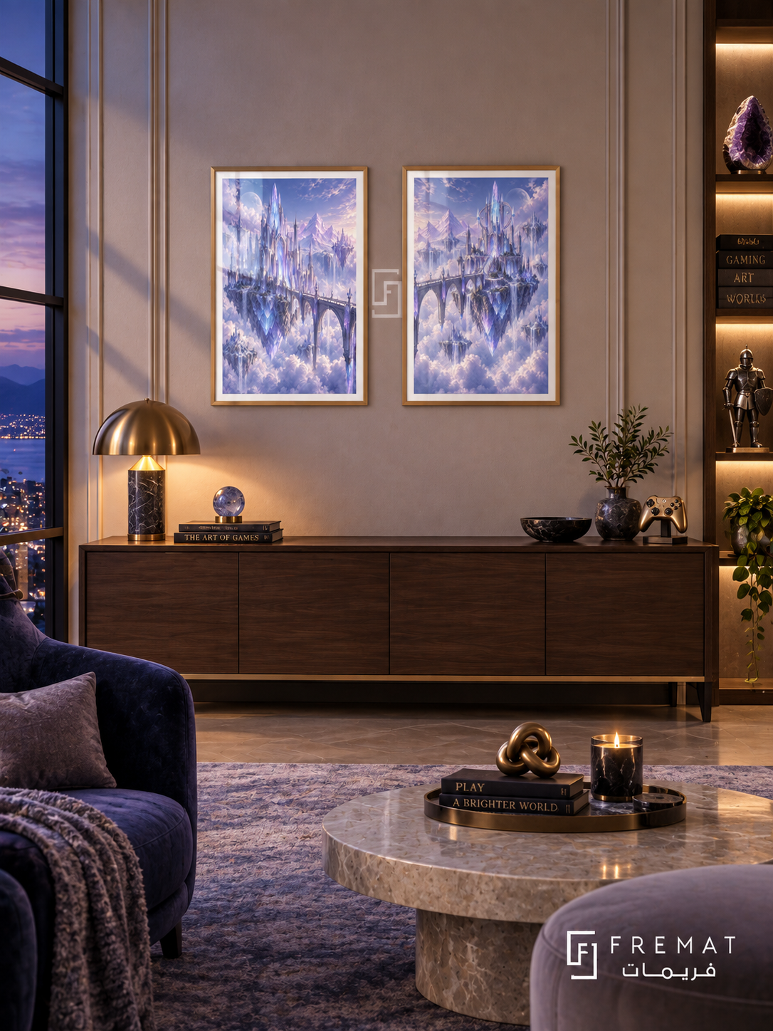 Crystal Kingdom — set of two gaming artworks in Gold frames.