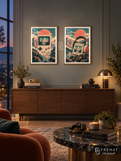 Retro Handheld — set of two gaming artworks in Gold frames.