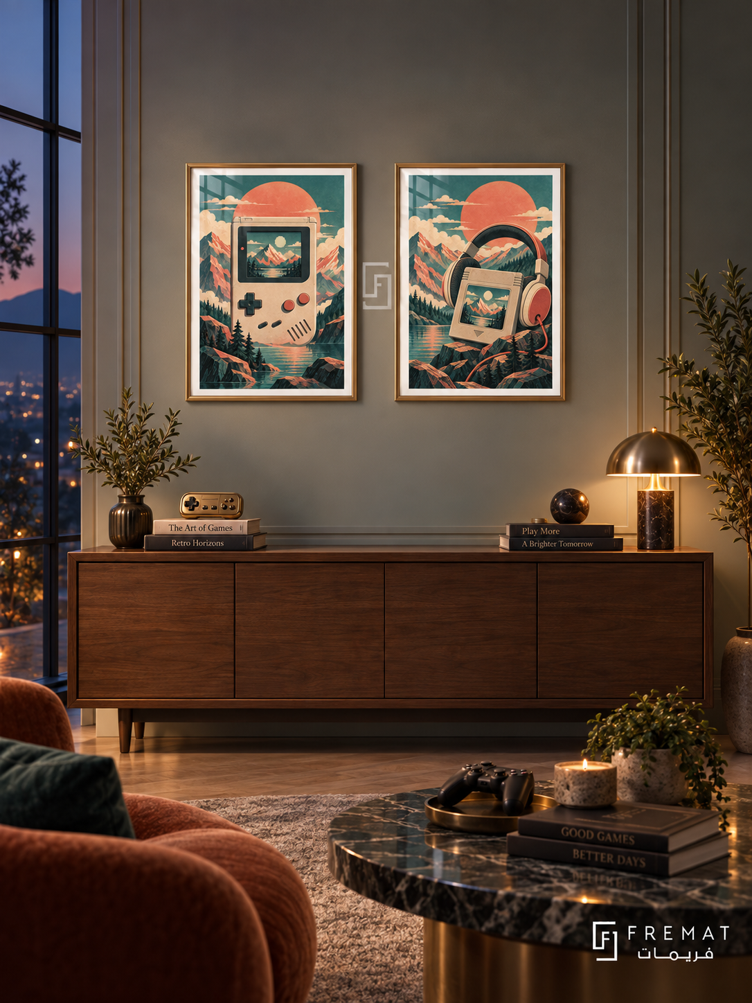 Retro Handheld — set of two gaming artworks in Gold frames.