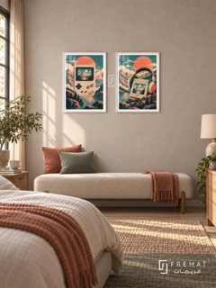 Retro Handheld — set of two gaming artworks in White frames.
