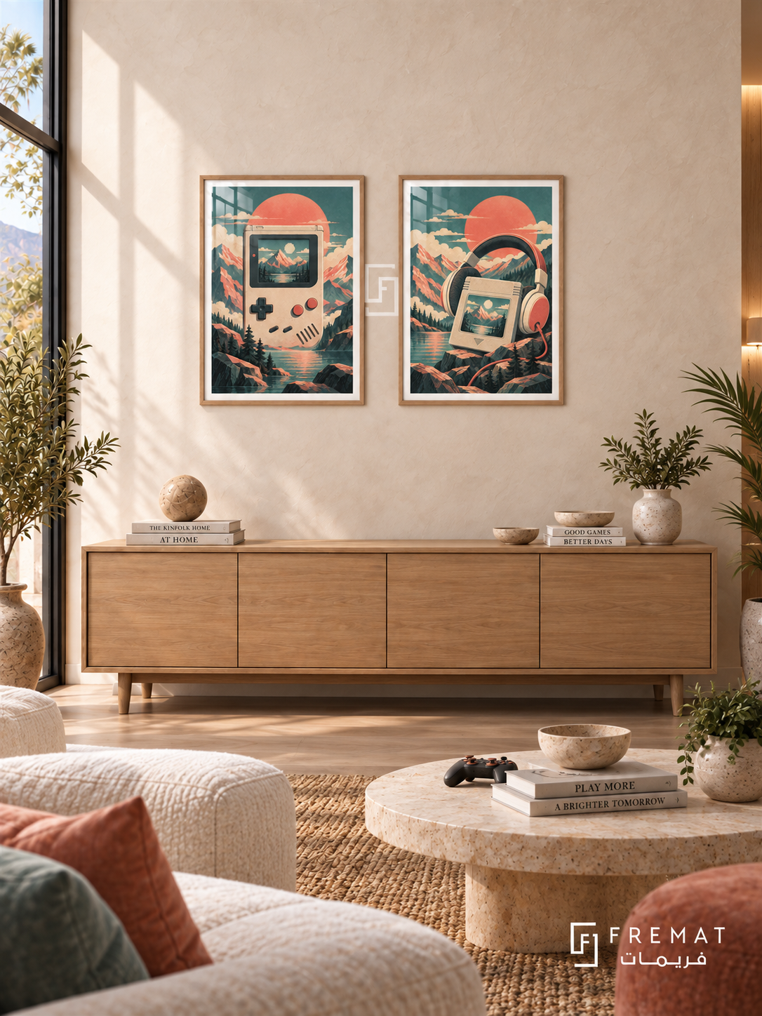 Retro Handheld — set of two gaming artworks in Wooden Texture frames.