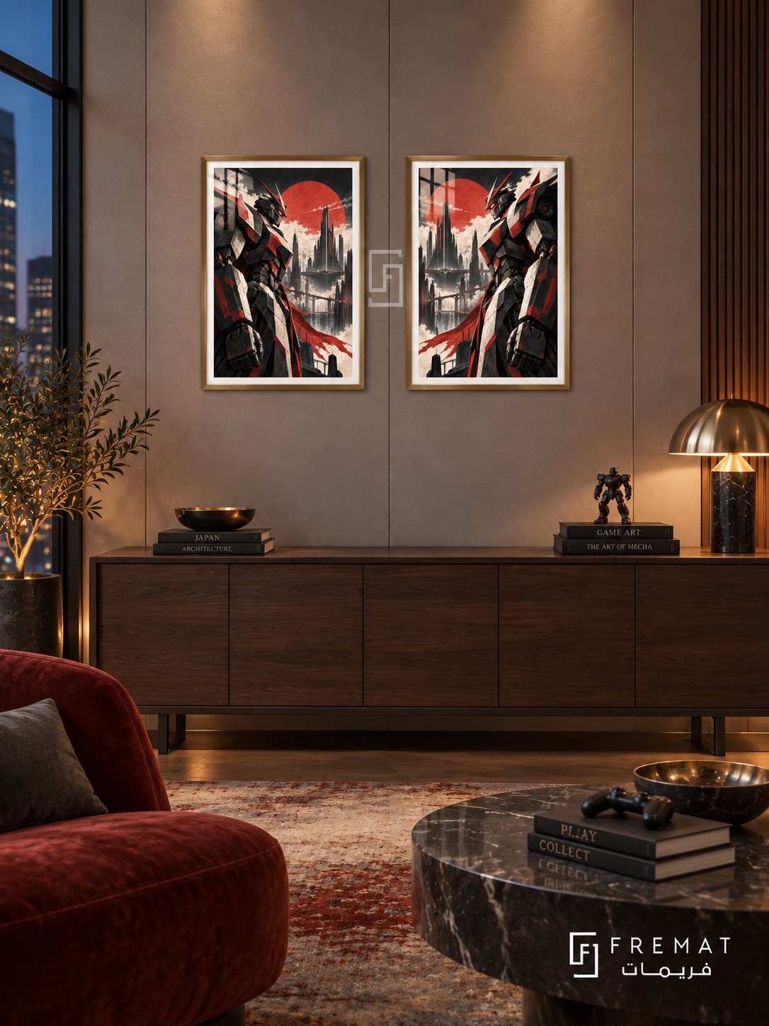 Mecha Duo — set of two gaming artworks in Gold frames.