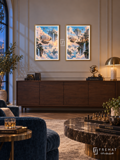 Sky Islands — set of two gaming artworks in Gold frames.