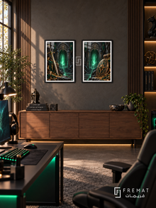 Dungeon Treasure — set of two gaming artworks in Black frames.
